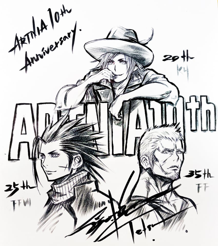 it's a black and white sketch of three characters one on top of the other behind text, "artnia 10th anniversary". the top character is a man with mediumlength hair and a hat with a feather. the middle character is a man with spiky hair. the last character is a man with short hair and a scar on his face. all of them have their right hands near their faces, as if striking a pose. there are inscriptions with numbers beside each character, and "artnia 10th anniversary" is written on the top left corner of the image. the word "artnia" is written again in big bold letters in the background. the signature of the artist is present at the bottom right corner.