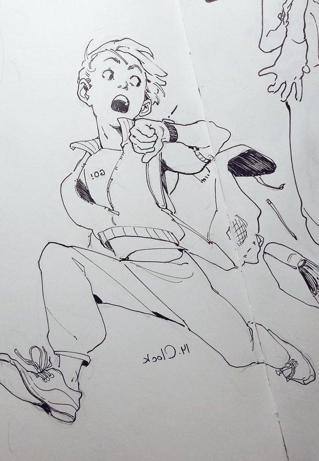a dynamic ink sketch of a young boy in anime/manga style running.  the boy has spiky hair, is wearing a jacket and pants, and his expression is one of surprise or alarm. his hands are in motion, one appearing to be checking a watch. the style is loose and expressive, utilizing bold lines and shading to create movement and depth.  the drawing is detailed but also maintains a sense of spontaneity and energy. the background contains some other indistinct figures, possibly part of the same composition, but mostly focusing on the boy in motion. a signature or date is visible in the lower right.