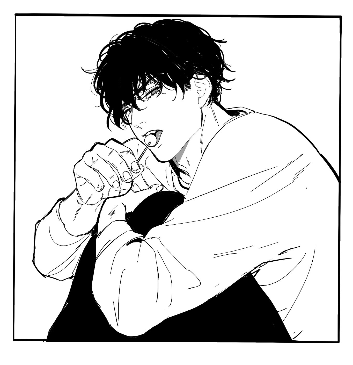 the image is a black and white illustration in a manga style. it depicts a young man with dark, slightly tousled short hair. he's sitting, seemingly relaxed, wearing a loosefitting sweater or sweatshirt. he's holding a lollipop or similar candy in his mouth. the art style is characterized by strong lines and shading, and the overall mood is somewhat pensive or introspective. the focus is on the character's face and expression, which conveys a mix of calmness and subtle allure. the background is simple and uncluttered, emphasizing the figure. the entire illustration is framed by a simple black border.