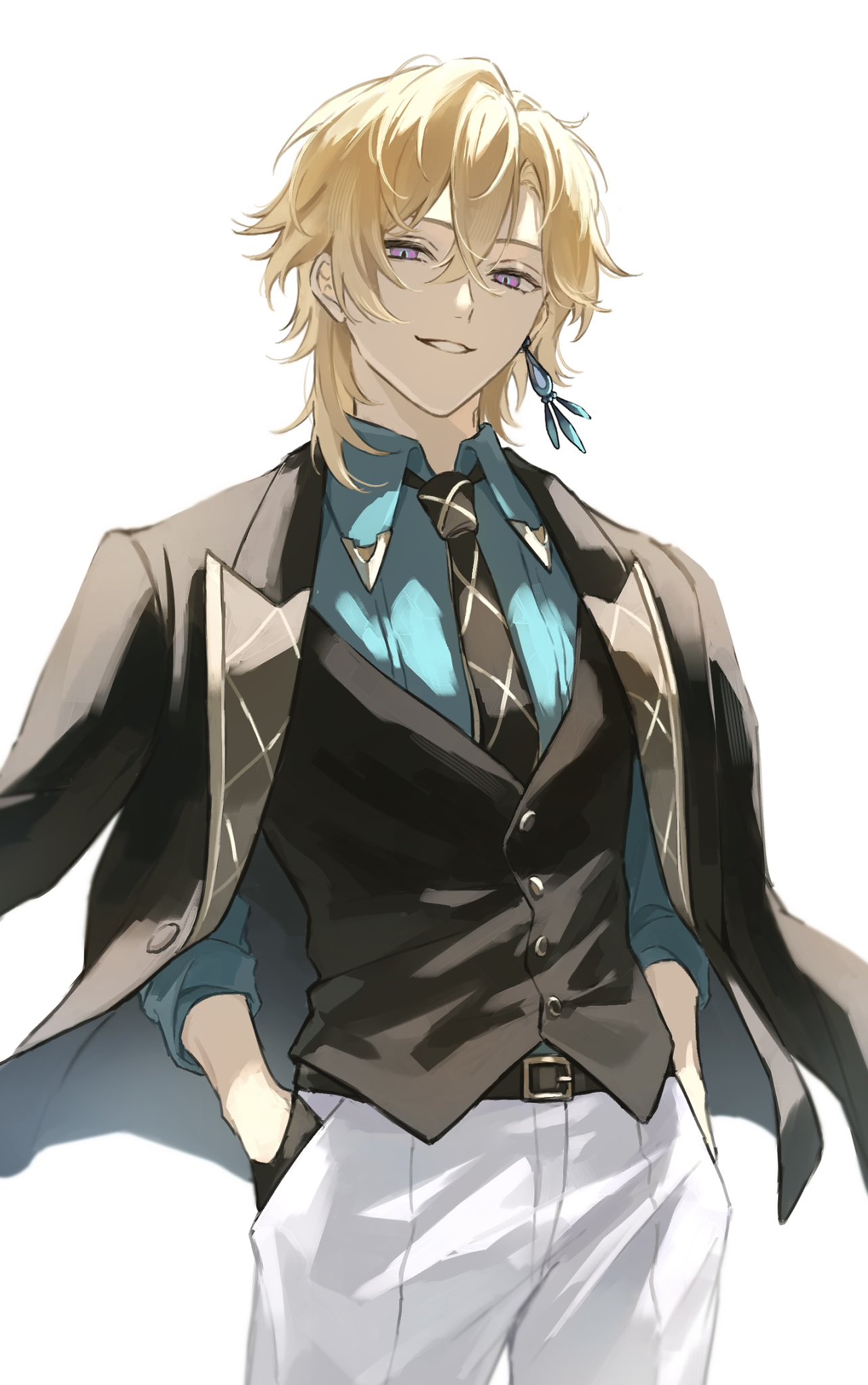 the image is a digital illustration of a stylish anime boy. he has long, blond hair, purple eyes, and is wearing a sophisticated outfit consisting of a dark suit jacket, a teal shirt, a dark vest, white pants, and a patterned tie. he also sports a small earring. his expression is a confident smirk. the art style is reminiscent of manga and showcases a clean, polished aesthetic. the background is simple and white, allowing the character and his attire to be the focal point. the overall impression is one of elegance and style.