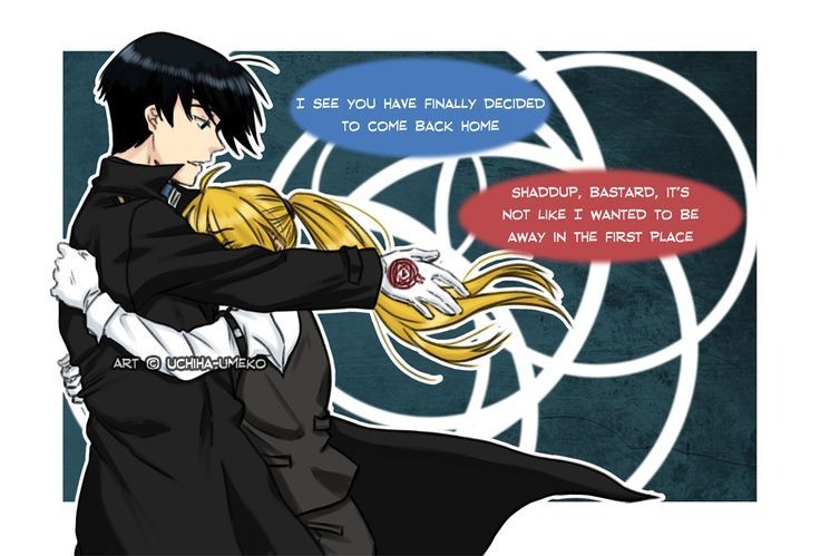 he image is a digital fanart depicting a romantic reunion between two animestyle characters.  a man with black hair, wearing a dark suit, is hugging a woman with long blonde hair, who is also dressed formally. they appear to be engaged in a tender embrace. speech bubbles with dialogue indicate a somewhat tense but affectionate exchange between them. the background features a dark, swirling pattern. the overall style is reminiscent of manga or anime artwork.  the artist's signature, "uchihaumeko," is visible in the bottomleft corner.