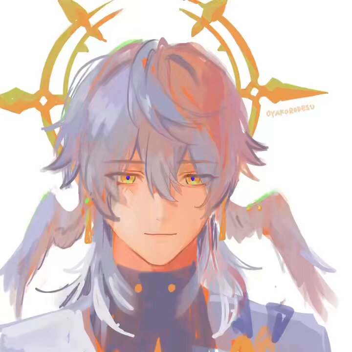 this is a digital painting of an anime boy with white hair and yellow eyes. he is wearing a white outfit with yellow accents, a halo above his head, and wings behind him. he is smiling slightly. the art style is very stylized and abstract, with the colors being pastel and soft.