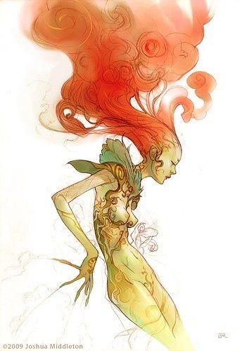 an illustration by joshua middleton depicting a stylized female figure with flowing red hair and green skin. the figure has an ethereal, plantlike quality with intricate details on her body. the woman is nude, and her hair is depicted as a fiery, flowing cloud above her head. the style is reminiscent of fantasy art with organic shapes and elegant curves.