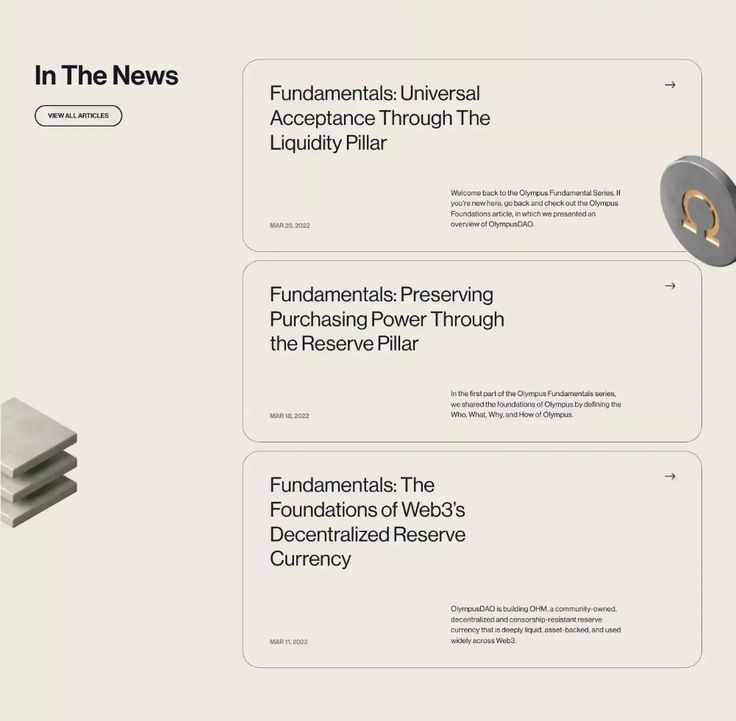 the image is a website page for olympus dao. it shows the website's "in the news" section with three articles about the fundamentals of olympus dao. the articles are:  fundamentals: universal acceptance through the liquidity pillar fundamentals: preserving purchasing power through the reserve pillar fundamentals: the foundations of web3's decentralized reserve currencythe website also features a logo of olympus dao with an omega symbol in it.