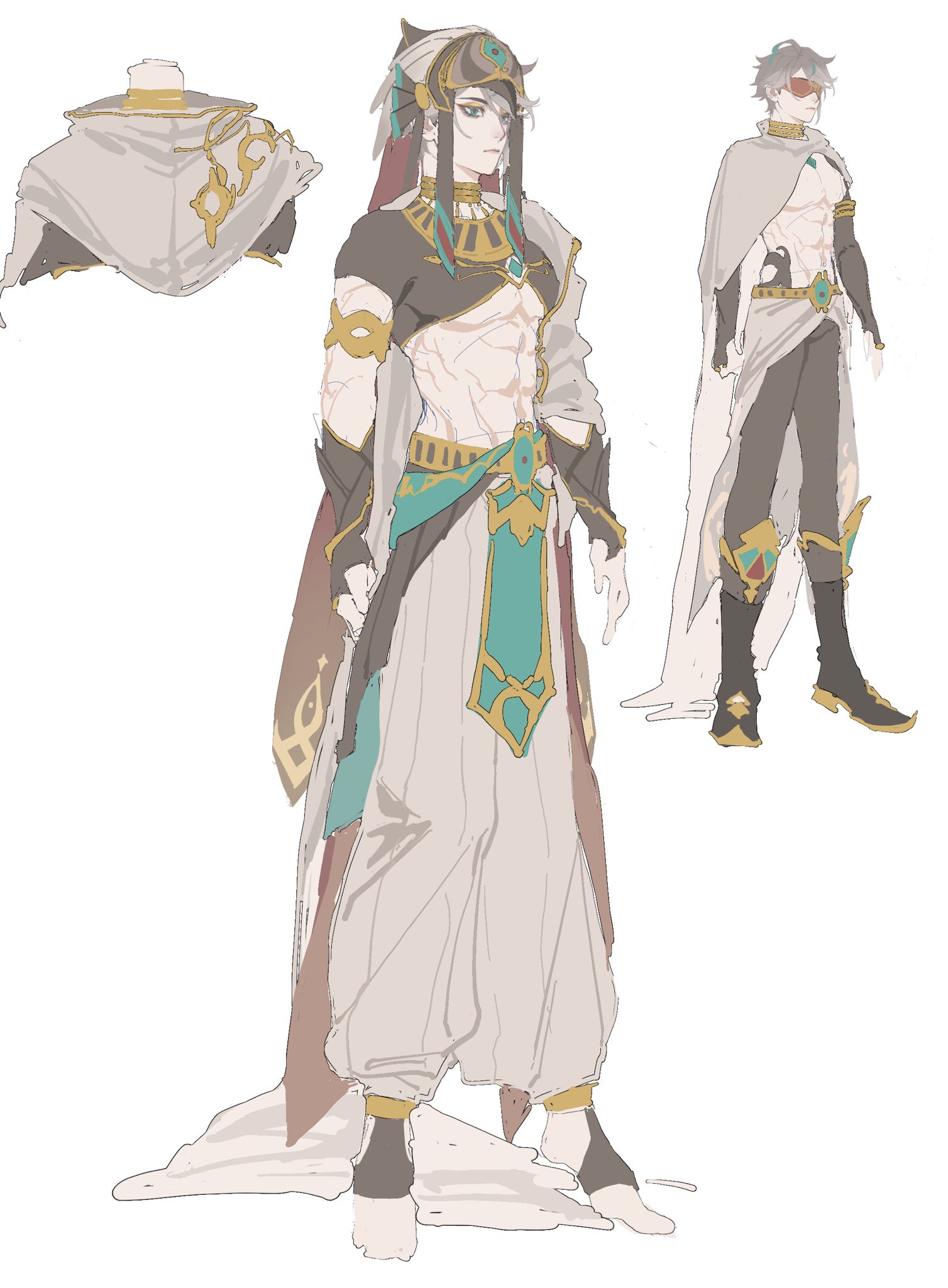 this image is a digital art drawing of a male character design,  wearing an ornate,  fantasyinspired outfit. the character is in a pose suggesting movement, with one arm raised and one leg forward. the drawing is done in a sketchy style with soft colors. there is an additional drawing of the character wearing a different outfit in the background.