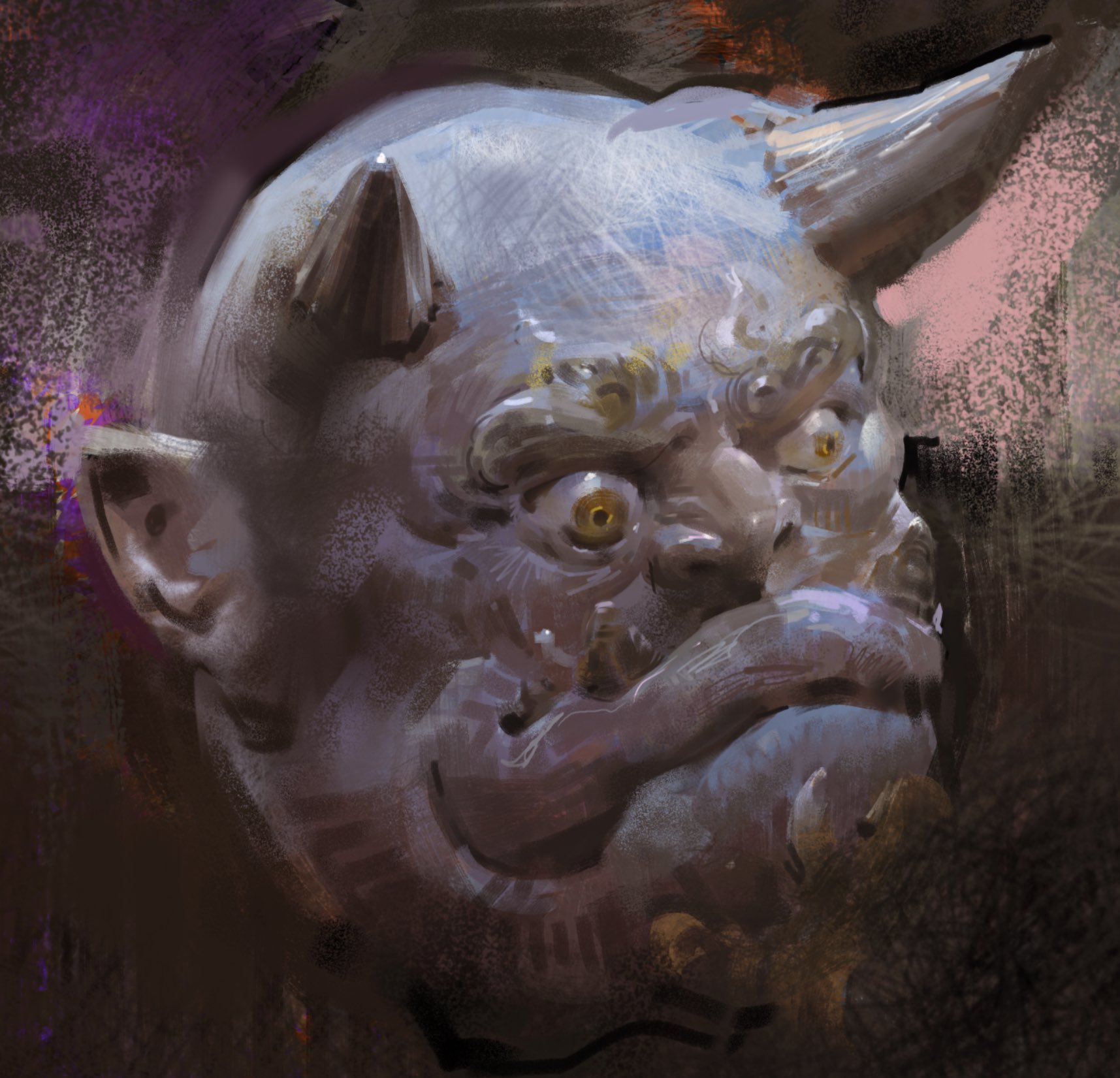 a closeup digital illustration of a demon or oni, a mythical creature from japanese mythology. the oni is depicted as a frightening and powerful being with horns, fangs, and a grotesque face. the illustration is painted in a painterly style with textured brushstrokes and a dark, moody color scheme. the demon's eyes are wide and intense, and its mouth is open in a menacing snarl. the overall impression of the artwork is one of fear and awe.