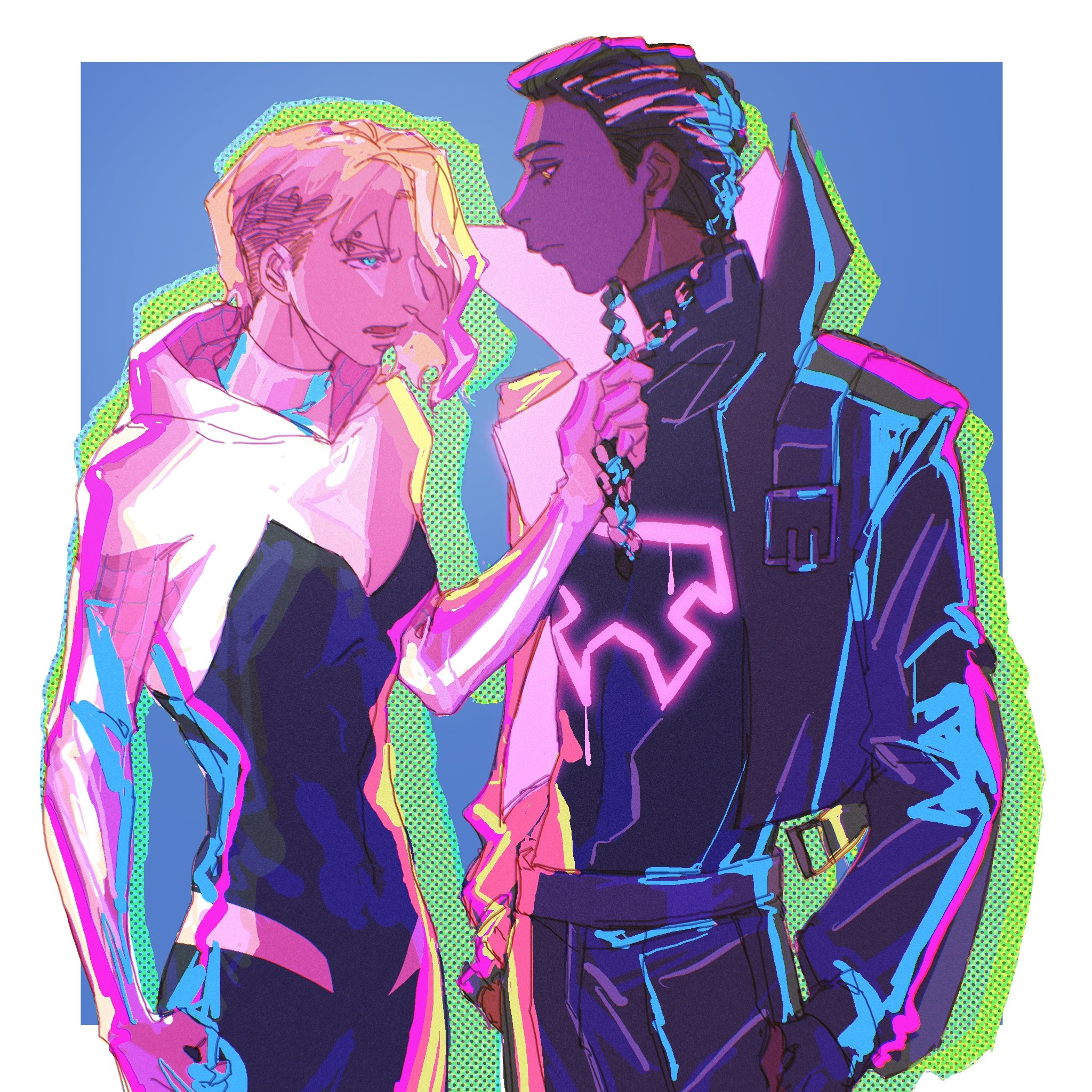 the image is a vibrant digital illustration in a cyberpunk style featuring two stylized figures, a man and a woman, positioned close together.  the woman, with short, light blonde hair, wears a sleek, white and darkcolored dress with a futuristic sheen. her pose is assertive, and she has a hand on the man's collar. the man, with dark hair styled upward, sports a dark, almost leatherlike jacket with a bright pink glowing symbol on the chest.  his expression is serious. the background is a simple tealblue with neonlike graphic elements. the overall style is heavily influenced by 80s/90s aesthetics and cyberpunk imagery, using bold lines, color gradients and strong contrast. the lighting and coloring give a dynamic and somewhat electric atmosphere. the characters appear to be romantically involved, or at least sharing an intense relationship.