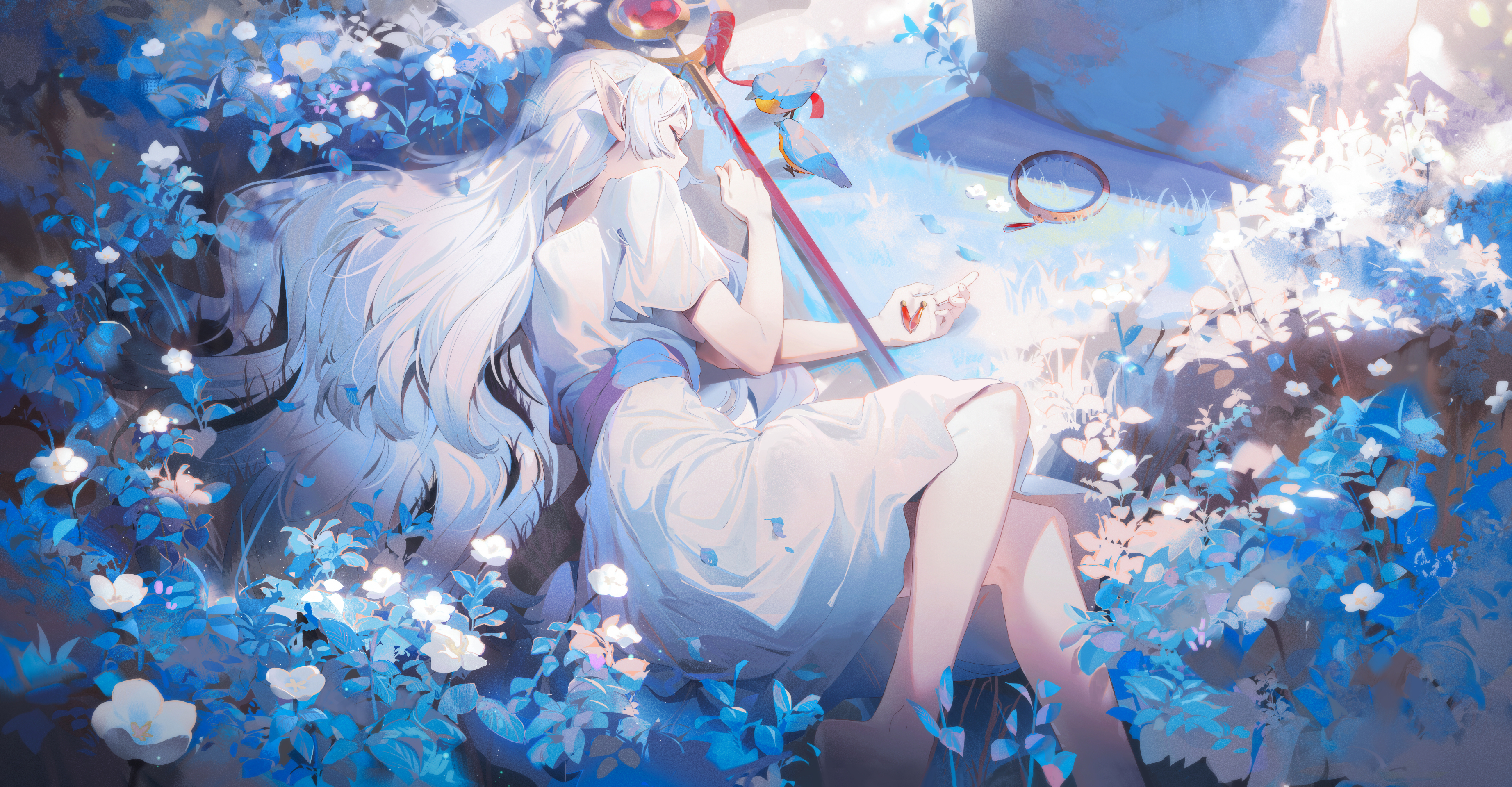 the image is a digital painting of an animestyle elf girl with long white hair and pointed ears. she's wearing a flowing white dress and is lying down amidst a field of blue flowers.  a staff with a red top rests beside her, and two small birds are perched nearby. the overall style is soft, pastel, and dreamy, creating a peaceful and magical atmosphere. the light in the image is gentle and diffused, contributing to the serene mood. the artwork is highly detailed, with soft shading and blending of colors.