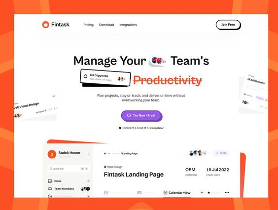 the image shows a website for a project management software called fintask. the website features a clean and modern design, with a focus on helping users manage their team's productivity.  the image includes a variety of features, including project planning, task management, collaboration tools, and a calendar view. the website also highlights the benefits of using fintask, such as helping teams stay on track, deliver on time, and avoid overworking. overall, the image effectively showcases fintask as a powerful and userfriendly tool for managing team productivity.
