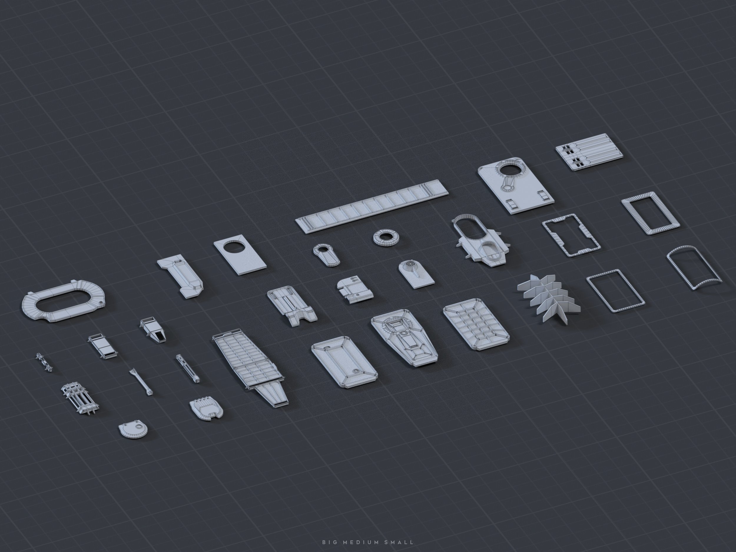 the image displays a collection of 3d wireframe models of various spaceship components arranged on a dark gridded background. the parts appear to be modular, suggesting they might be used to construct a larger spaceship or vehicle.  sizes are indicated as big, medium, and small, highlighting potential scale variations. the overall style is futuristic and reminiscent of a game asset sheet or design blueprint. the wireframe representation reveals the underlying geometry and structure of each piece.