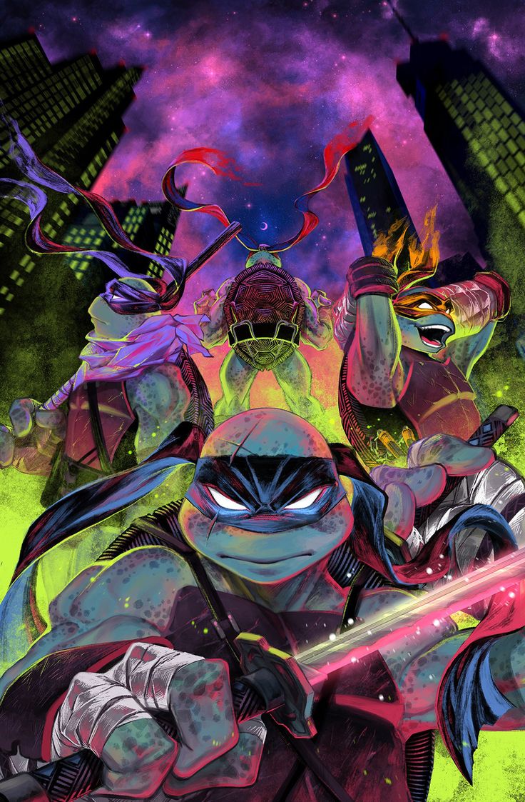 the image shows the four teenage mutant ninja turtles standing in front of a city skyline at night. they are all in their iconic ninja turtle outfits. the sky is filled with stars, and a crescent moon is visible in the distance. the turtles are all looking up at the sky, with the exception of donatello, who is looking down at the ground. the image is in a comic book style, with bold lines and bright colors. the image is set in a world where the turtles are heroes, and they are fighting against evil. the turtles are all ready for action.