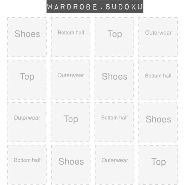 the image is a completed "wardrobe sudoku" grid. the grid is 4x4, and each cell contains a type of clothing item: "shoes," "bottom half," "top," and "outerwear." the sudoku is solved such that each row, column, and 2x2 square contains each of the four clothing types exactly once.