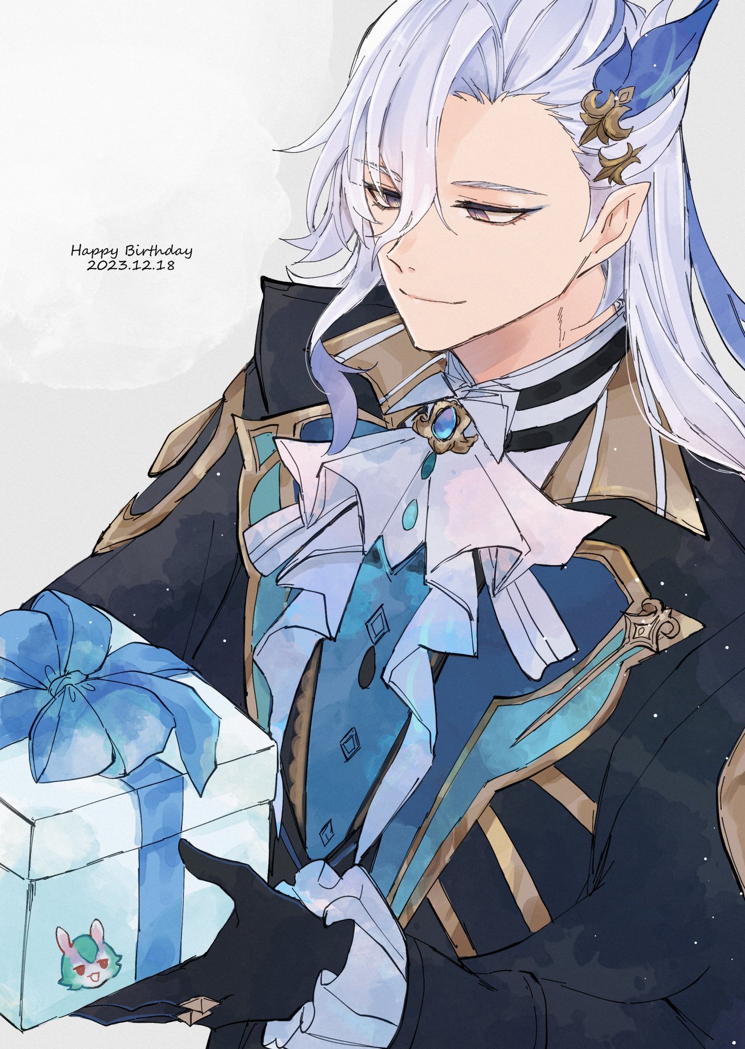 the image is a digital illustration of an anime character. the character is a young man with long white hair, blue eyes, and a warm smile. he is dressed in an elegant, formal outfit that includes a black jacket with gold accents, a blue shirt with a white ruffle collar, and a gold pendant. the character is holding a white gift box with a blue ribbon and bow. the background is a simple white with a small text that reads "happy birthday 2023.12.18". the overall feeling of the image is one of joy and celebration.