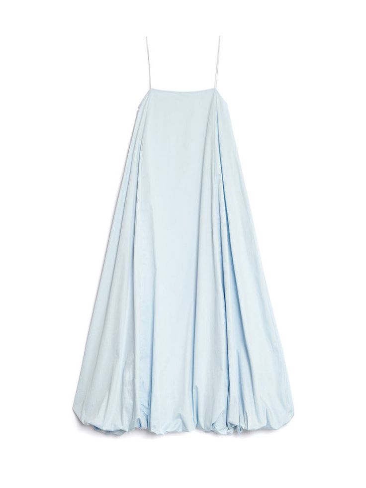 a light blue sleeveless dress with puffy skirt and straps. the dress is on a white background.