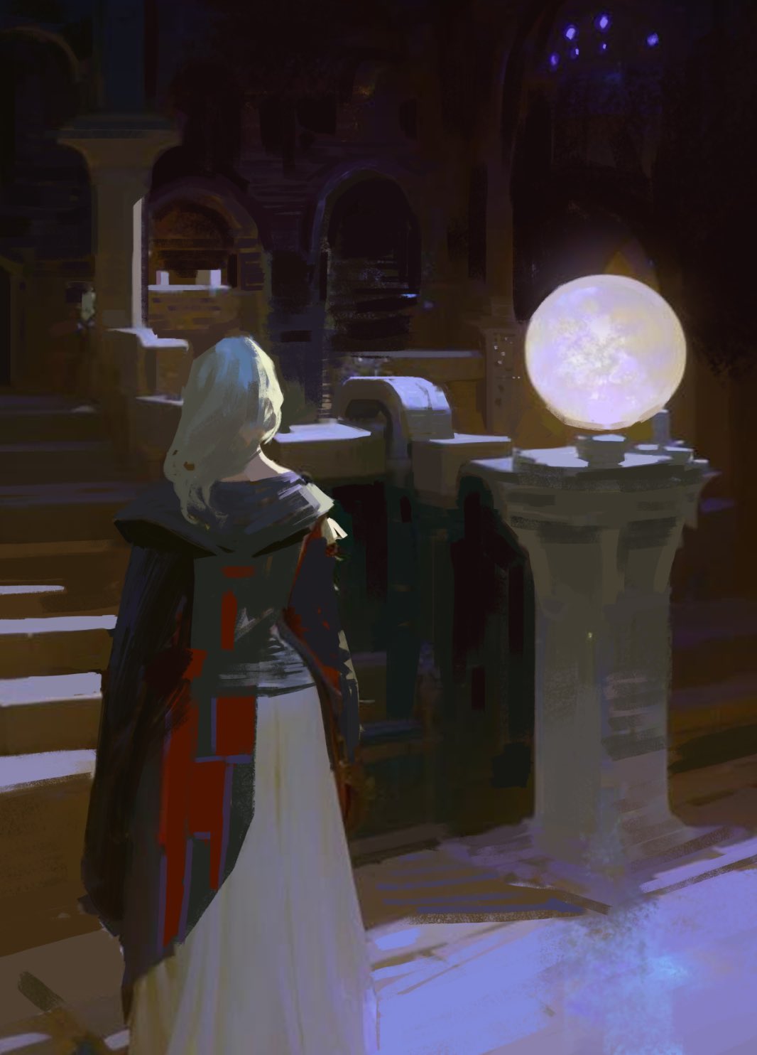 a woman in a long white dress and black robe stands in a dark and mysterious building. she has long blonde hair and is facing away from the viewer. there are tall stone pillars and arches in the background, and a glowing orb is floating in the air. the scene is bathed in a soft, blue light.