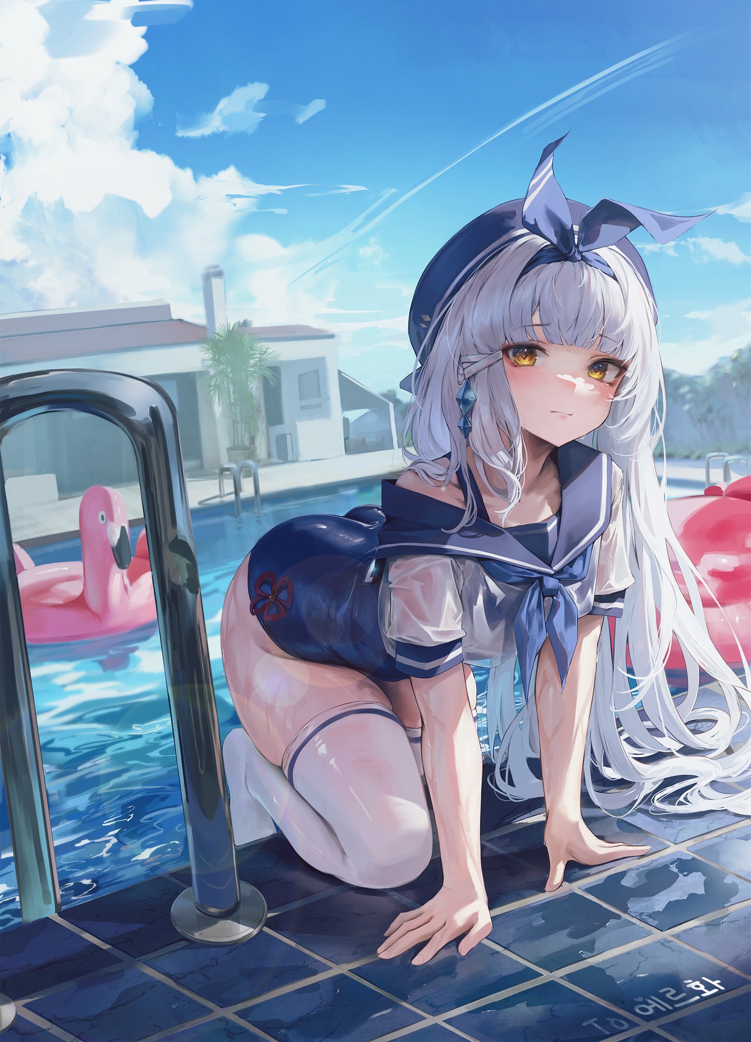 the image shows an anime girl with long white hair and yellow eyes, dressed in a wet sailor outfit and white stockings. she is kneeling by the side of a swimming pool, with a flamingo float in the water nearby. a house is visible in the background, and the overall setting suggests a sunny summer day. the style of the artwork is digital and features vibrant colors and a focus on the character's expressiveness and detail.