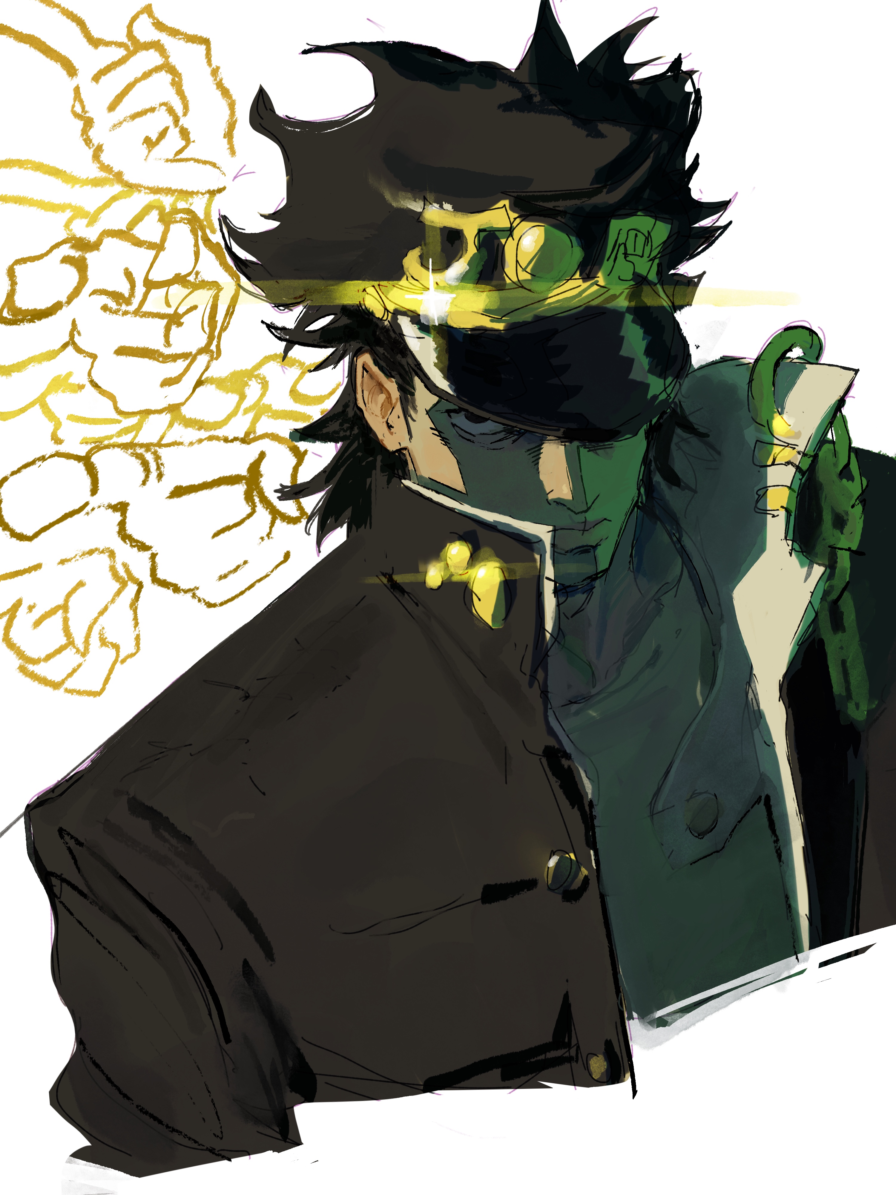 the image is a stylized digital fanart depicting giorno giovanna from jojo's bizarre adventure: golden wind.  he's portrayed from the chest up, wearing his characteristic dark jacket and hat with what appears to be a mask covering part of his face. his hair is spiky and dark. the background features a faint, swirling pattern of yellowgold, possibly representing his stand, gold experience, or its power. the overall style is dynamic and emphasizes sharp lines and contrasting colors (dark greens, blacks, and golds). the artistic choices create an impactful and visually arresting image.