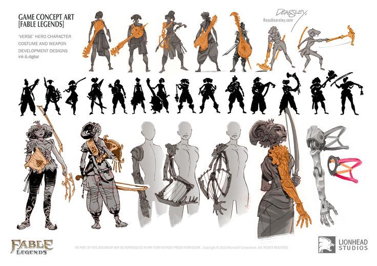 the image is a game concept art sheet for "fable legends." it showcases multiple sketches of the hero characters and their weapon designs. the top section features silhouettes of the characters in various poses, emphasizing their visual design and stance. the bottom section shows more detailed sketches of the characters, including their clothing and weapons. there are also some sketches of the characters' individual arms, showcasing different weapon and armor designs. the image provides insight into the visual development process of character and weapon design in game development.