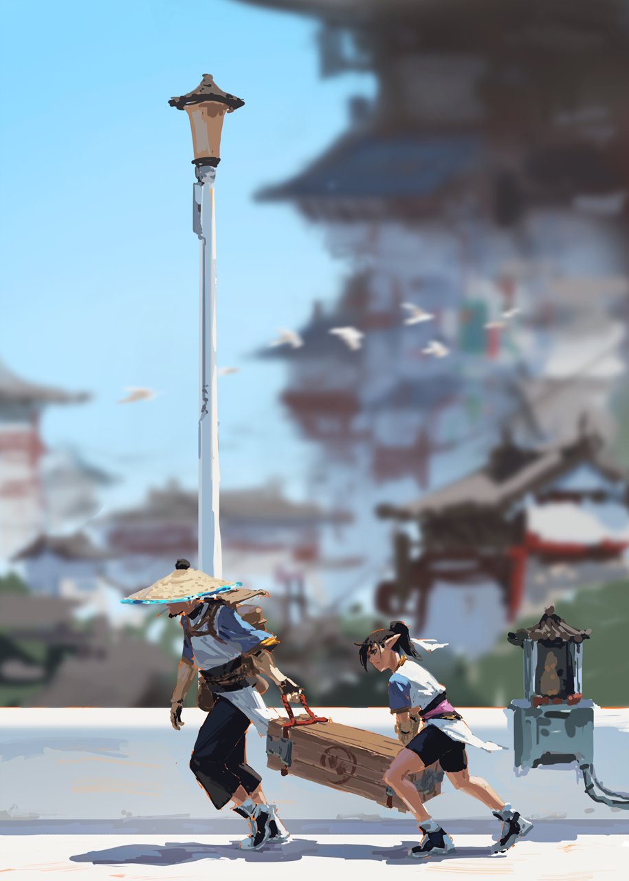 the digital painting depicts a sunny street scene, possibly in an asianinspired fantasy setting.  the background is softly blurred, showing a series of traditional buildings and a hazy sky. in the foreground, two stylized animelike characters, dressed in traditional east asianinspired clothing, are collaboratively carrying a large, wooden crate. one character wears a conical hat. a tall lamppost stands to their left.  the style is loose and painterly, with visible brushstrokes, giving it a slightly impressionistic feel. the overall mood is peaceful and evocative of a journey or travel.