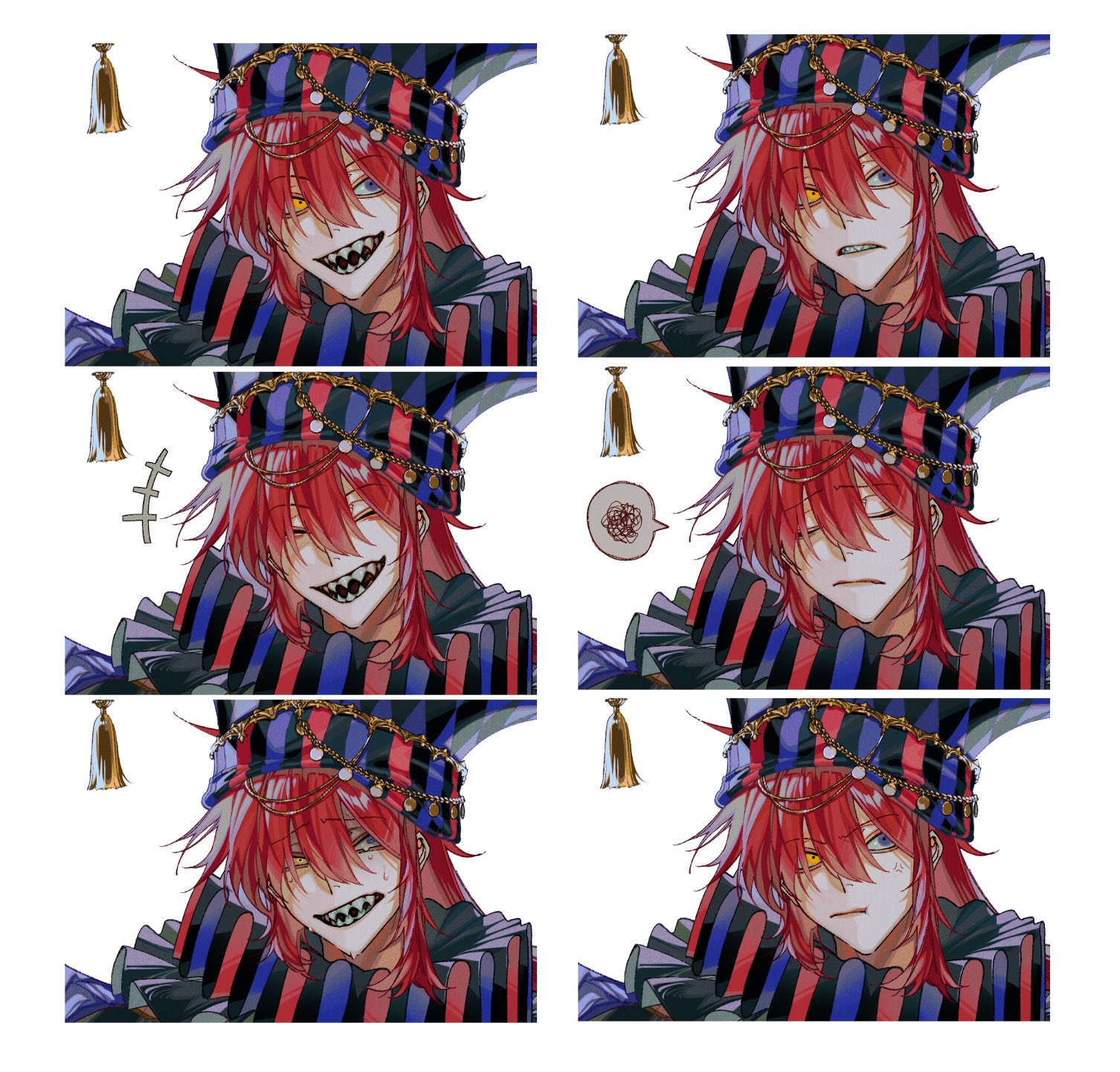 the image shows a grid of six images featuring the same animestyle character, a boy with long red hair wearing a jester's hat and costume.  each image displays a different facial expression, ranging from a wide grin to a neutral or slightly sad expression. the style is vibrant and detailed. the background is plain white, allowing the character to be the focus. small icons (like a tassel and a thought bubble) appear beside some of the panels.