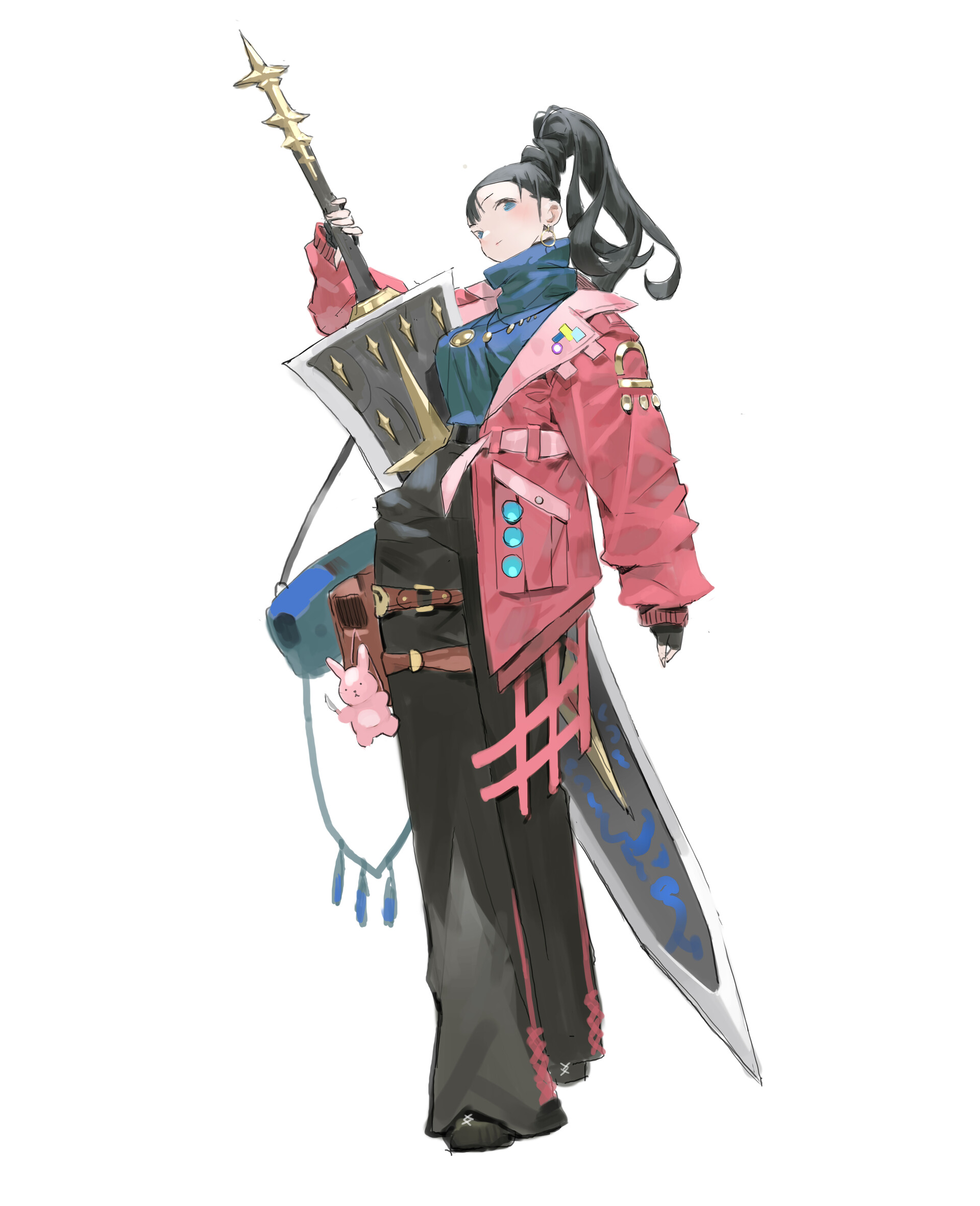 the image is a fullbody illustration of a woman in an anime style. she is wearing a pink jacket, black pants, and has her black hair tied up in a high ponytail. she is holding a staff in one hand and a shield in the other. a large sword is strapped to her back. a pink bunny charm hangs from her waist. the illustration is set against a white background.