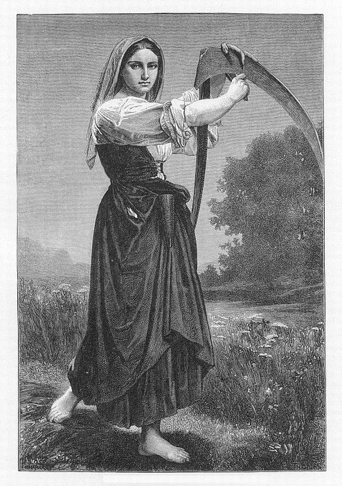 a young woman in a long dress stands in a field holding a scythe.  she is barefoot and her head is covered with a cloth. there is a tree in the background.