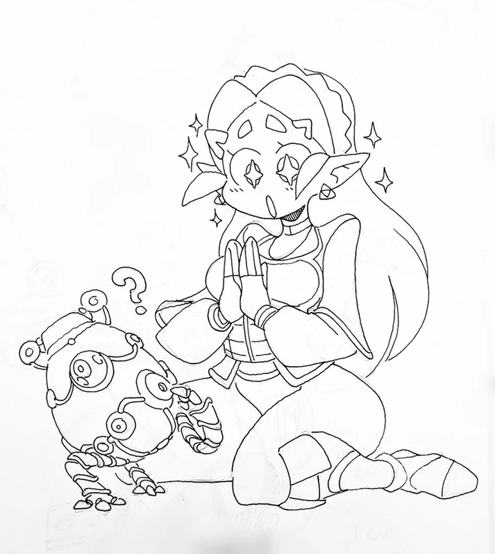 a black and white line art drawing of a cartoon girl in a happy, surprised pose with her hands clasped together, with a large robot creature sitting beside her on her right side.  the creature is slightly tilting its head, as if asking a question.  the girl is facing the viewer, while the creature is facing the girl.  the girl is wearing a dress with a belt and has long hair.  her eyes are wide and filled with stars, while she smiles slightly. the image is done in black and white line art and is set against a white background.