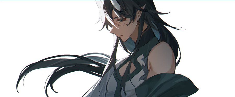 a drawing of an anime girl with long black hair and white streaks, wearing a blue and white dress with black accents. she has blue eyes and horns, which could indicate she is a demon. she is looking down to the side, her expression is sad.