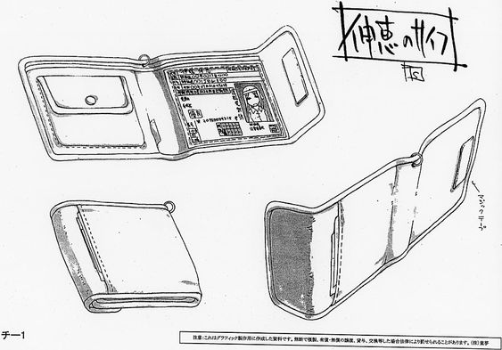 a black and white drawing of a wallet from the anime "kaichou wa maidsama!" the drawing shows the wallet from multiple angles and includes details such as the  student id card and the wallet's dimensions. it is a production drawing for the animation, and the text on the image is in japanese.