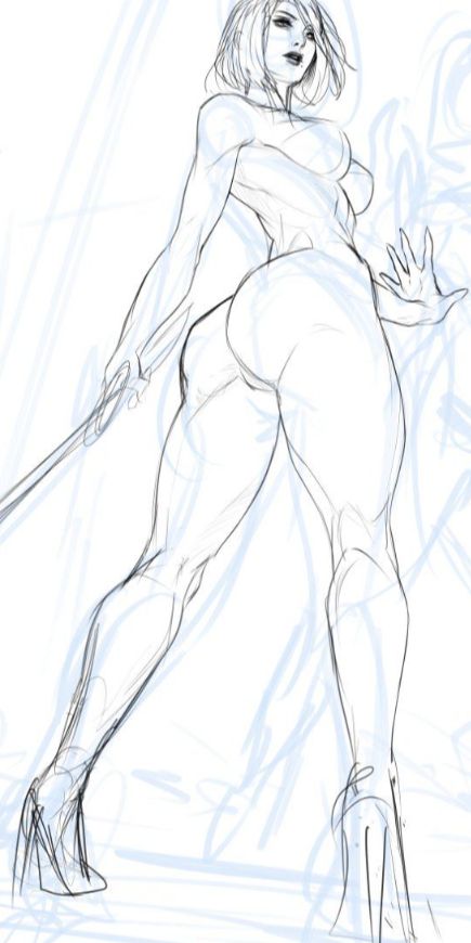 a black and white sketch of a woman in a dynamic pose holding a sword. the perspective is from a low angle, emphasizing her powerful stance. she is wearing heels and a minimal, bodyhugging outfit.  the sketch shows the artist's process with flowing lines and some areas more defined than others.