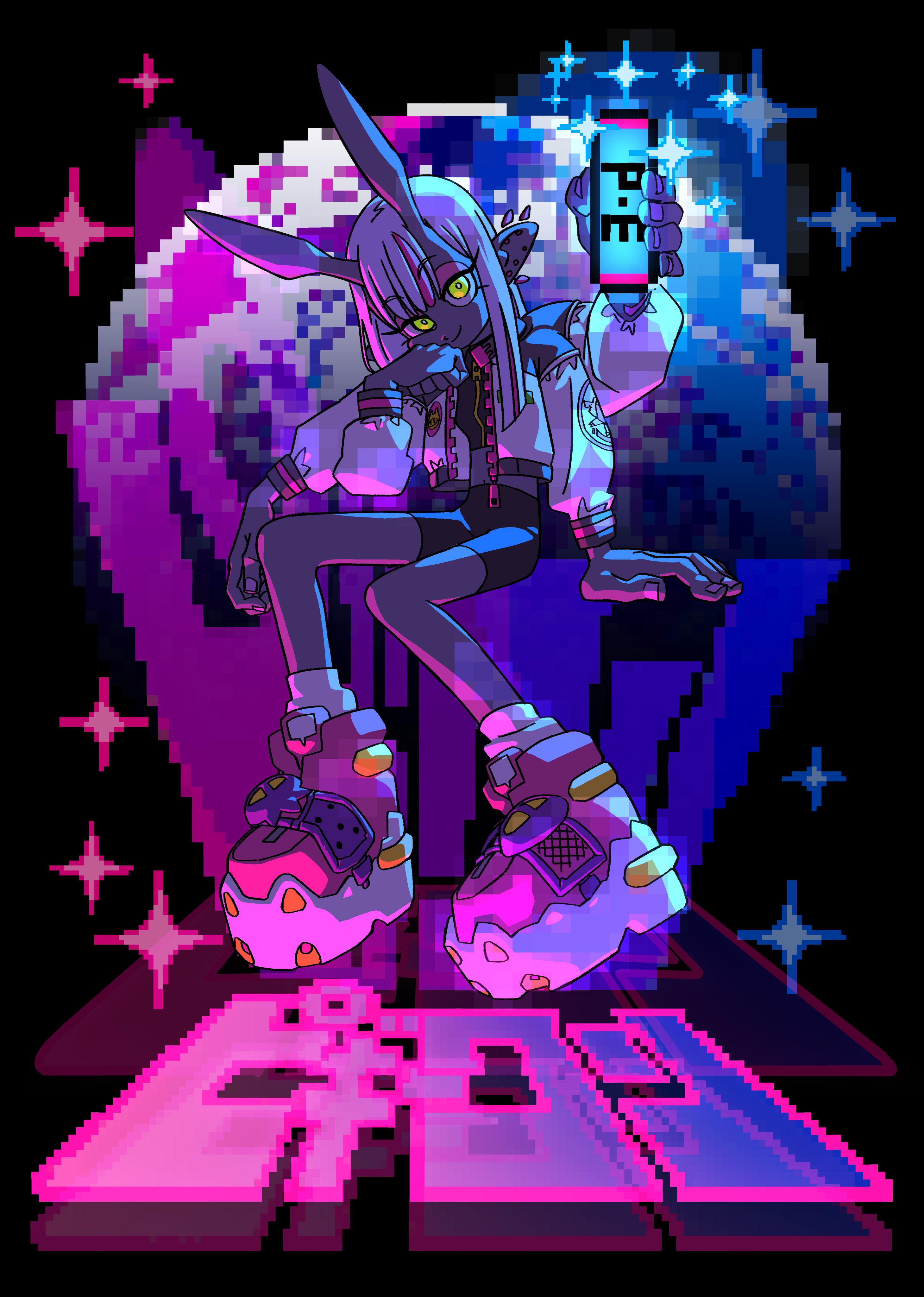 the image features a pixel art anime girl drawn in a vaporwave and cyberpunk style. she has long white hair, bunny ears, and glowing yellow eyes. she wears a stylish white jacket, black shorts, and chunky pink and white sneakers. she holds a futuristic phone case in her left hand and strikes a confident pose. the background features a pixelated moon design with pink, purple, and blue neon accents. the overall aesthetic is vibrant, edgy, and futuristic.