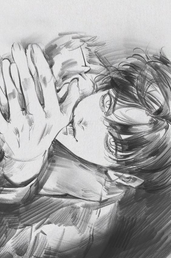 a grayscale pencil sketch or drawing depicting a closeup portrait of a person's face and hands. the style is expressive and dramatic, with heavy shading and texturing to convey emotion. the person appears to be in distress or experiencing intense feelings, possibly sorrow or pain. the artwork is highly detailed and artistic, with a style reminiscent of manga or anime. the background is simple and unfocused, drawing attention to the subject.