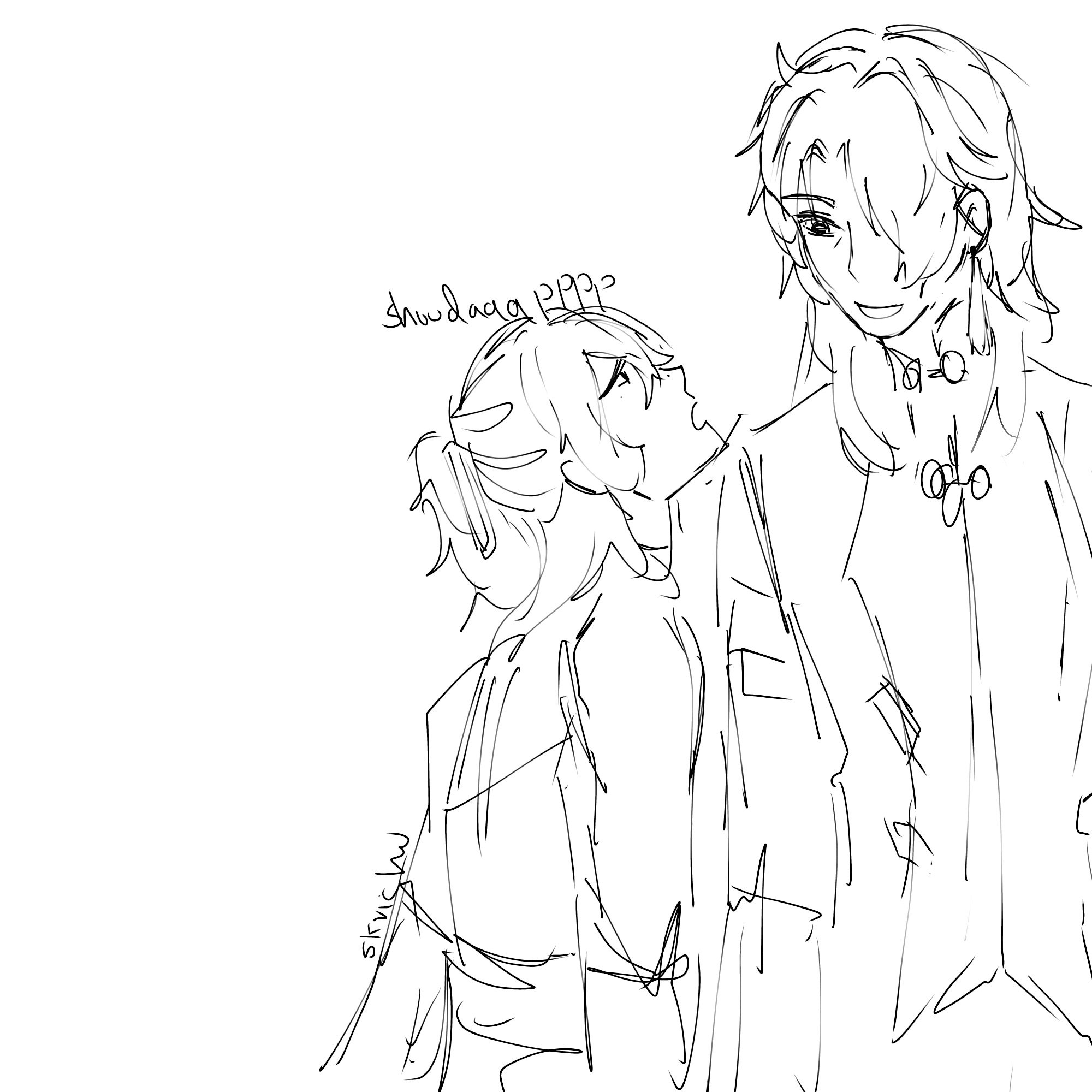 a black and white sketch of an anime couple embracing. the woman is looking up at the man with a smile and her head is tilted back. the man is smiling down at her, looking happy and affectionate. they are both wearing casual clothing. the drawing is done in a loose, sketchy style.