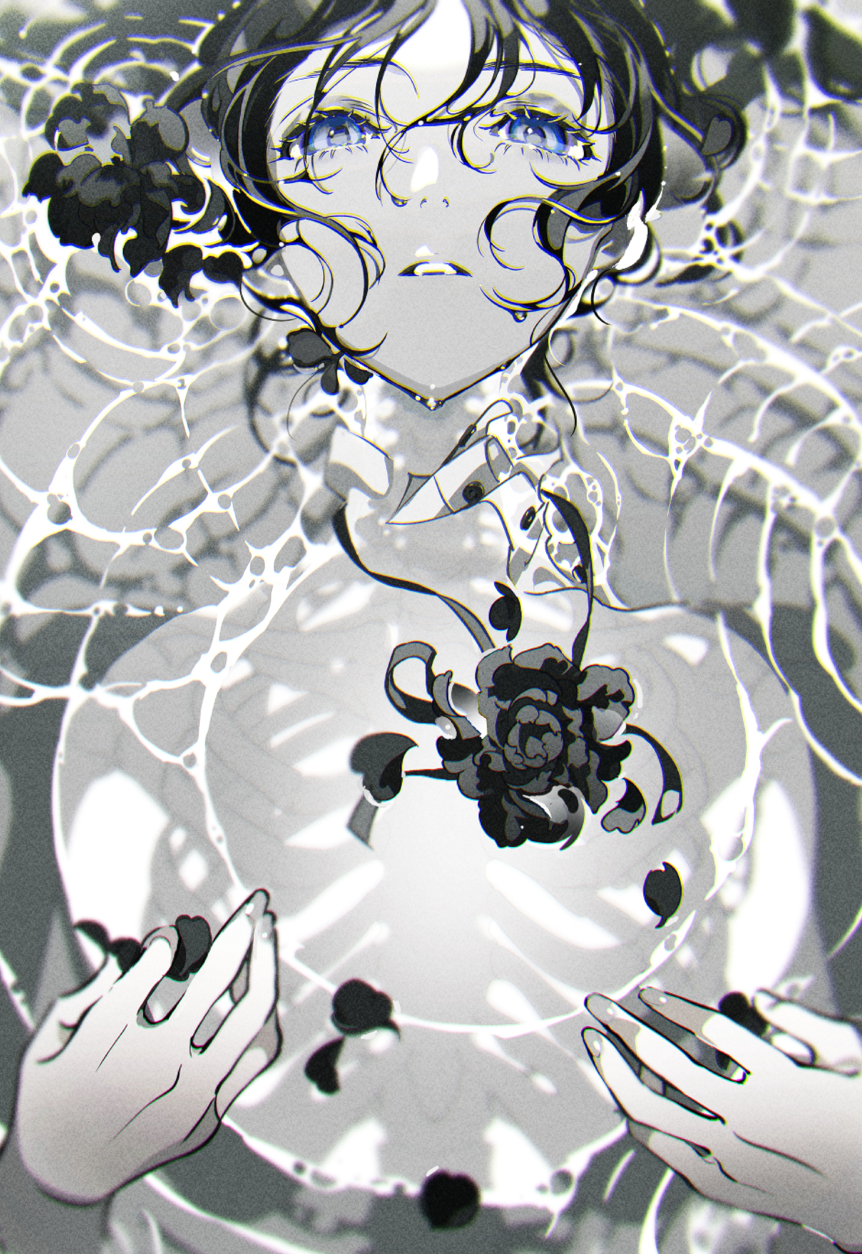 the image is a grayscale illustration of a young woman with dark hair and blue eyes submerged in water. she is wearing a traditional chinese dress with floral patterns. the woman's expression is sorrowful, and tears are streaming down her face.  she is surrounded by delicate, weblike patterns, creating a dreamlike and ethereal atmosphere. the overall tone of the image is melancholic and evocative of themes of loss, grief, and the fragility of life.
