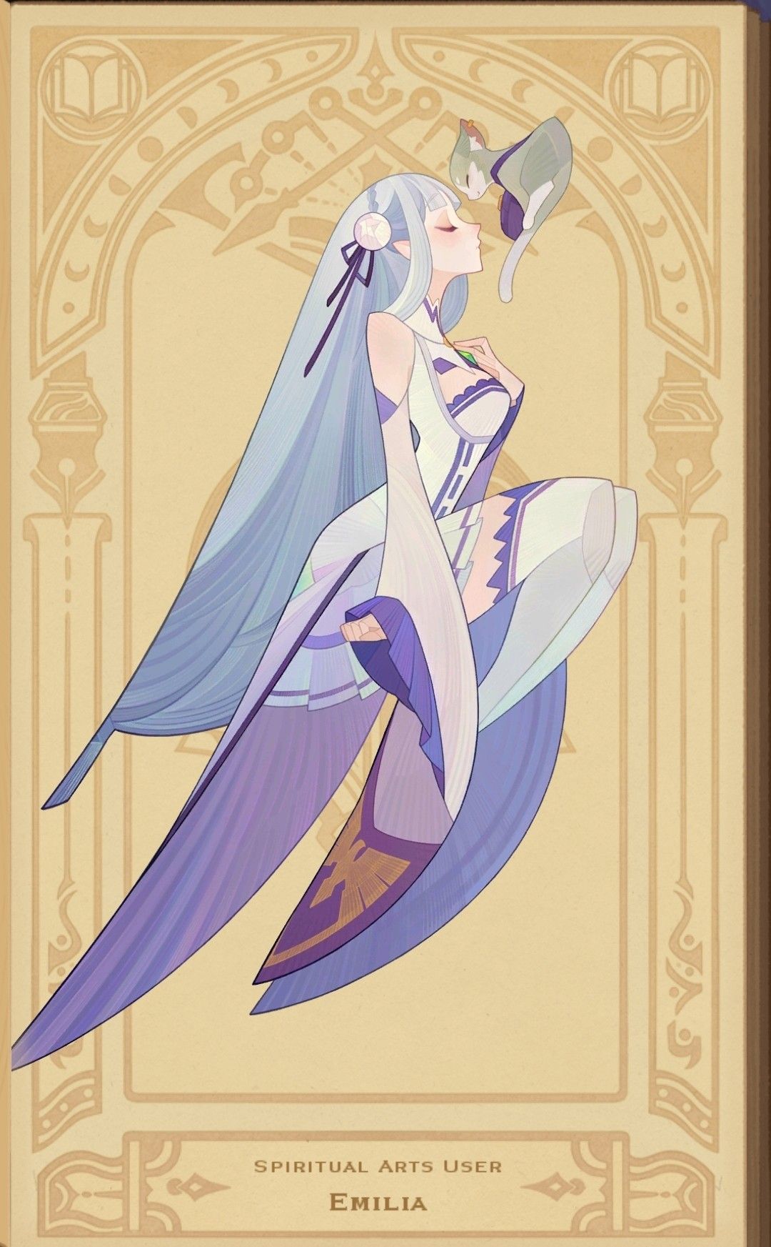 the illustration depicts emilia from the anime re:zero, a beautiful young woman with long, flowing silver hair and piercing purple eyes. she is dressed in an elegant, flowing white dress adorned with purple and gold accents. the dress features long, flowing sleeves and a layered skirt that emphasizes her ethereal beauty. emilia is positioned within an ornate gold frame with intricate designs, suggestive of a magical card or portrait.  perched playfully on her finger is a small, white catlike creature with golden eyes, likely representing a spirit or familiar.  the overall composition emphasizes emilia's grace and otherworldly charm.