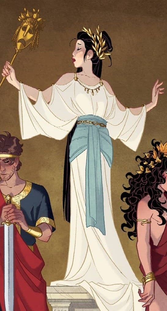 the illustration depicts a central female figure, possibly a goddess or tragic heroine from greek mythology, dressed in a flowing white chiton with a light blue sash. she holds a golden theatrical mask on a staff, suggesting a connection to drama or tragedy. her attire and headpiece are consistent with ancient greek styles.  on either side of her are male and female figures, the male appearing to be a soldier or warrior in a red toga holding a sword, and the female figure on the right dressed in burgundy, also appearing to be from a similar time period or mythology. the style is clean and elegant, reminiscent of graphic novel or fantasy art. the background is a simple, muted brown. the scene evokes a sense of storytelling and history.
