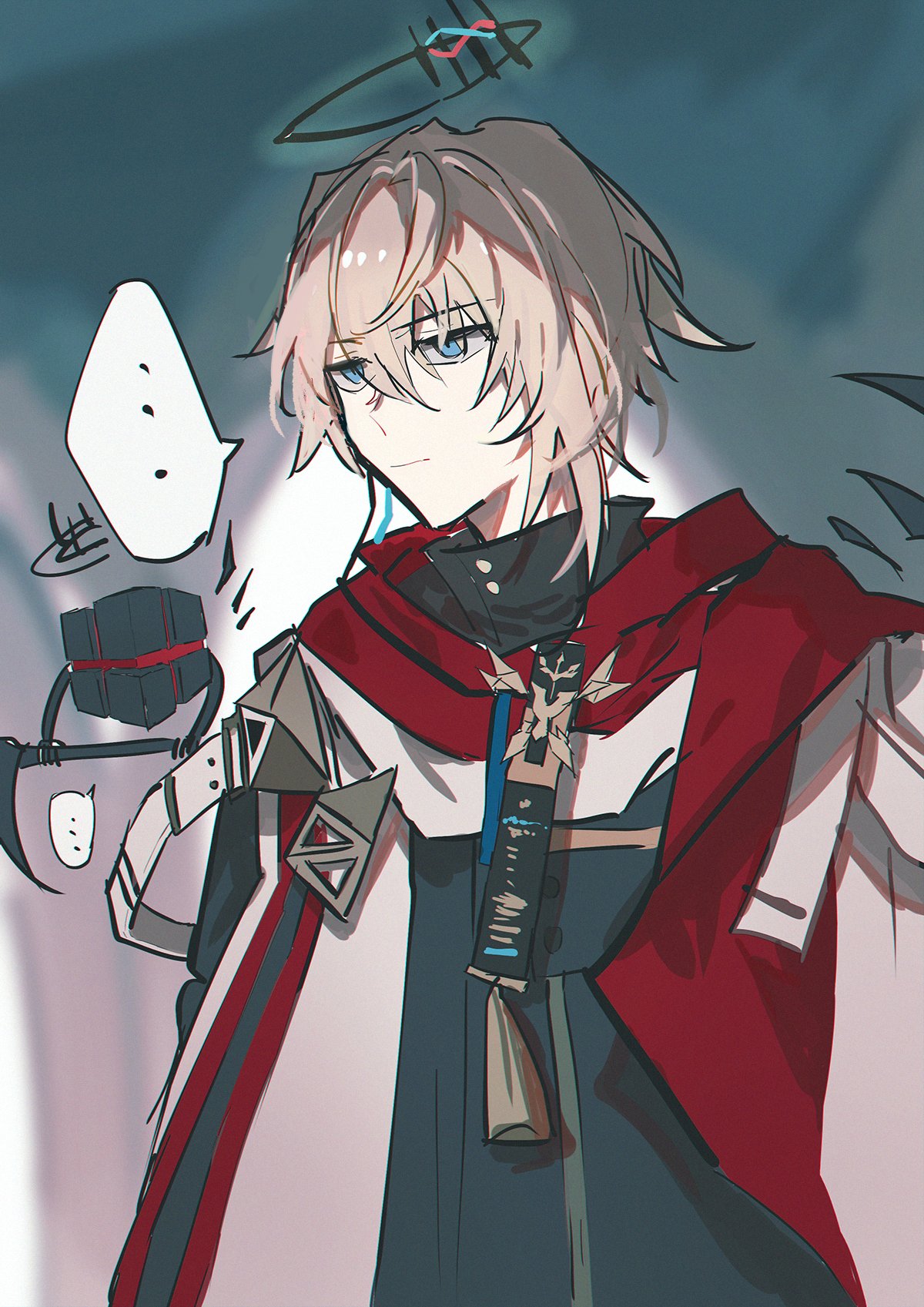 an illustration of an anime character with white hair and blue eyes. he is wearing a red cloak and black clothes, and has a sword strapped to his waist. there are wings in the background, and a halo above his head.