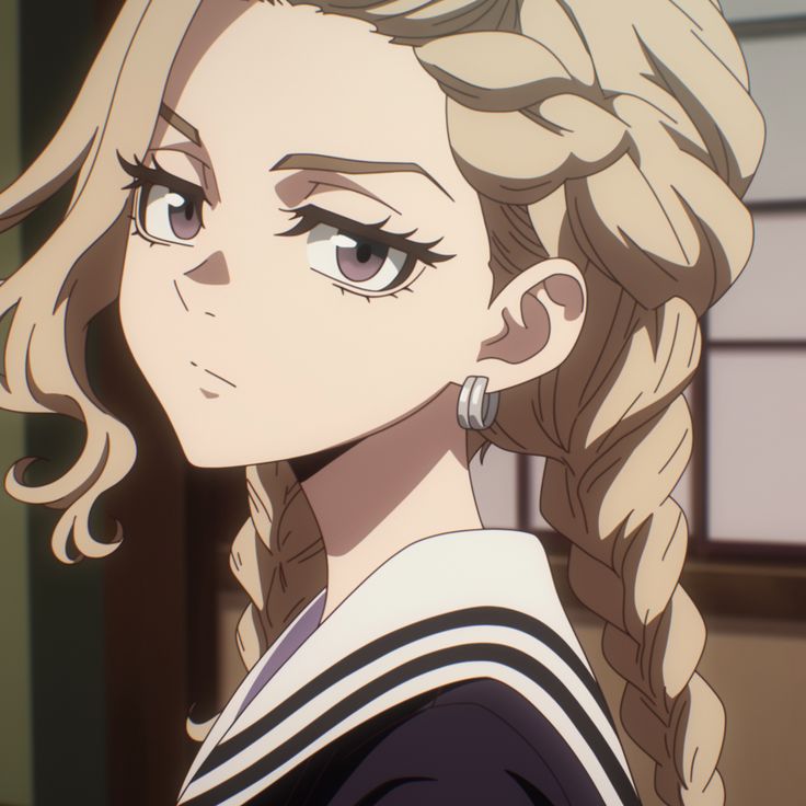 the image is a closeup portrait of an animestyle female character. she has long blonde hair styled in a braid that falls over her shoulder.  she wears a dark purple uniform with a white sailor collar and has silver hoop earrings. her expression is serious and slightly intense. the art style is consistent with many popular anime and manga series. the background is blurred, showing a traditional japanesestyle interior.