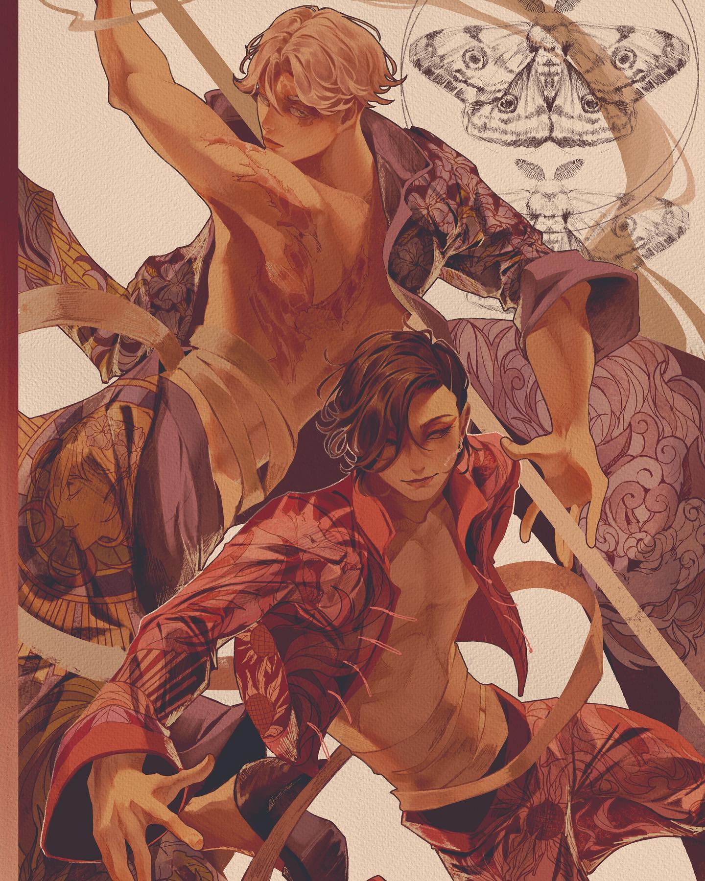the image is a digital painting or illustration showcasing two men in dynamic poses. they appear to be engaged in a fight or intense embrace, their bodies intertwined. both men are shirtless, with one wearing a purple robe with intricate patterns and the other a red robe with similar detailing.  their clothing styles suggest an eastern or asian influence, possibly referencing traditional kimonos or robes. one of the men bears scars on his back.  a large moth is prominently featured in the background, adding to the artistic composition. the overall style blends fantasy and realism, with dramatic lighting and highly detailed textures. the piece conveys a sense of movement and emotion.