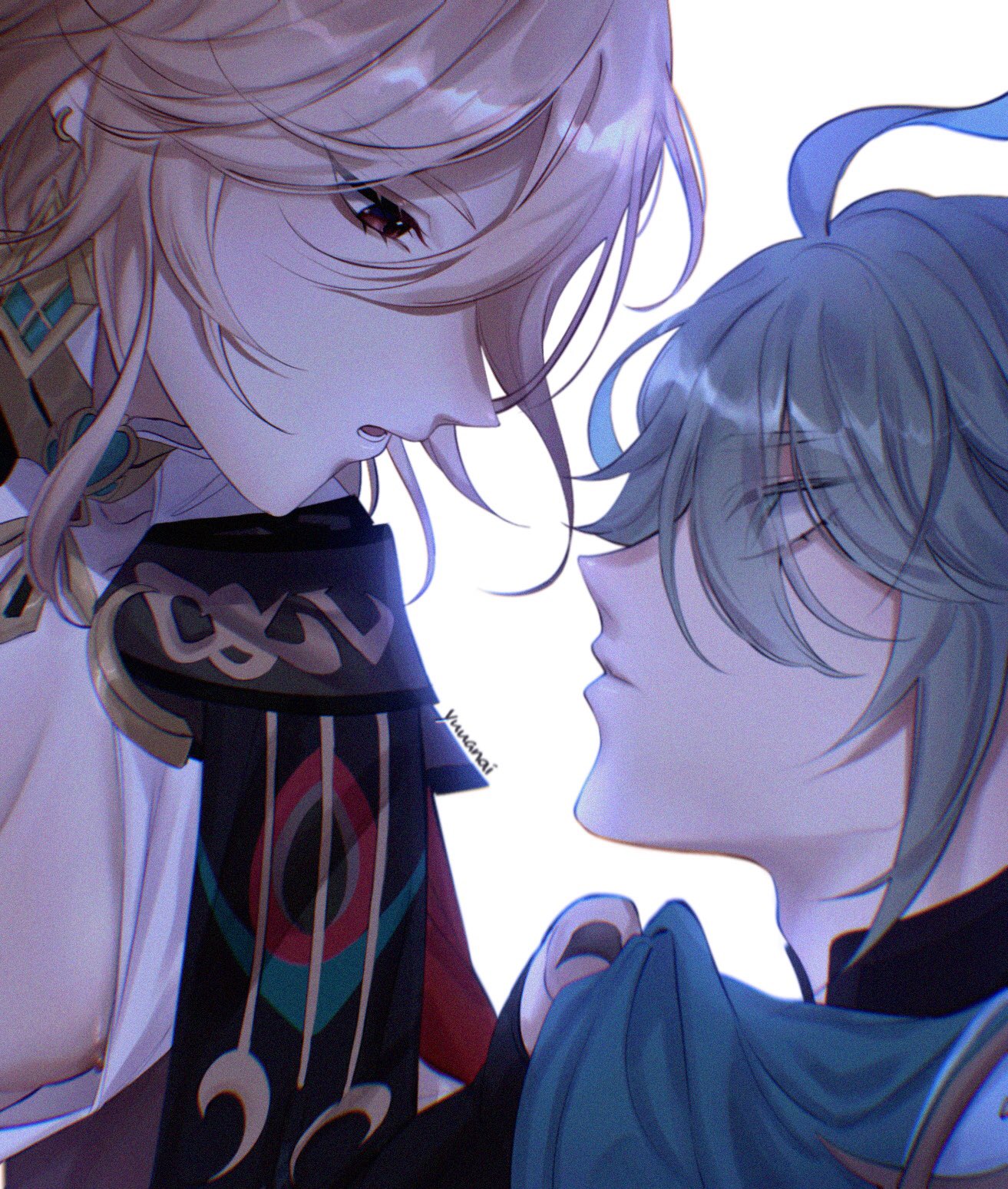 the image is a digital illustration of two animestyle boys. the boy on the left has blond hair, is wearing a white shirt with a black, red, and blue scarf, and is looking at the boy on the right. the boy on the right has green hair, is wearing a white shirt, a blue scarf, and is looking back at the boy on the left. they are both smiling at each other and it appears that they are very close.  the image is done in a style that is common in anime and manga, with large eyes, small mouths, and exaggerated features. the illustration style is very detailed and realistic, with a soft, romantic lighting scheme. the image likely depicts a romantic relationship between the two boys.