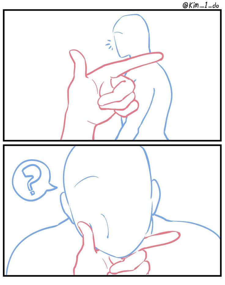 the image is a drawing, or sketch, of two figures. the top figure is pointing their finger at the bottom figure, who is thinking, indicated by a question mark above their head. both figures are outlined, and only their hands are drawn in full. they are not wearing any clothes. the drawing is done in a simple style, with only black lines on a white background.