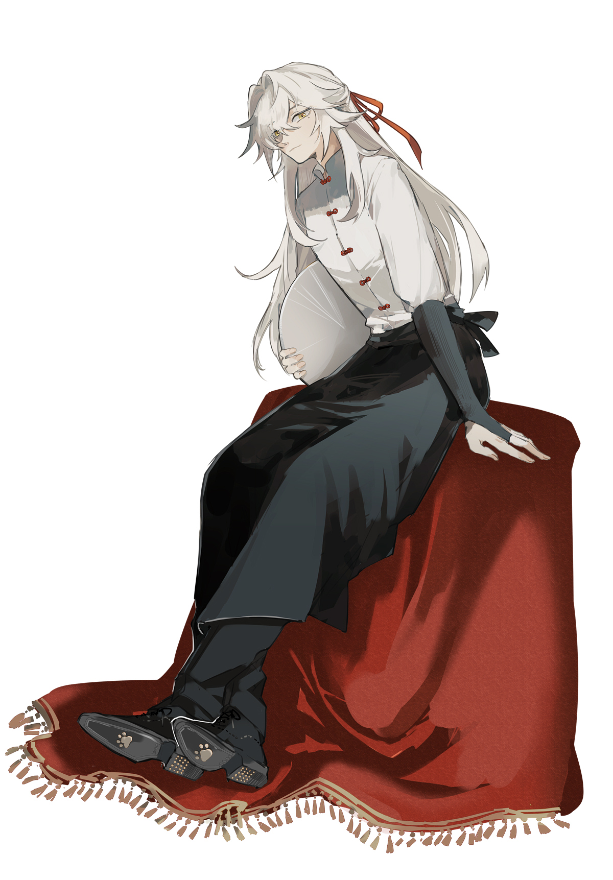 this is a digital illustration of a young anime woman with long white hair, wearing a white shirt, black pants, and red ribbon. she is holding a white fan in her hands and sitting on a red rug. she is looking to the left of the picture.