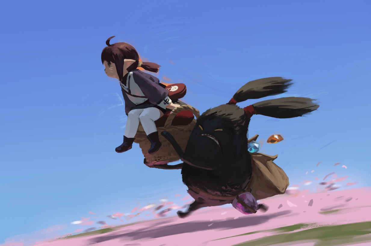 the image is a digital painting of an animestyle girl with brown hair riding on the back of a dark, furry creature with long ears. they appear to be flying or running very fast across a pink landscape under a bright blue sky.  pink petals are scattered in their wake. the girl wears a dark, loosefitting outfit and white leggings, and carries a small bag. the creature seems to have a grumpy expression and also carries a satchel. the overall style is whimsical and suggestive of a fantastical adventure.