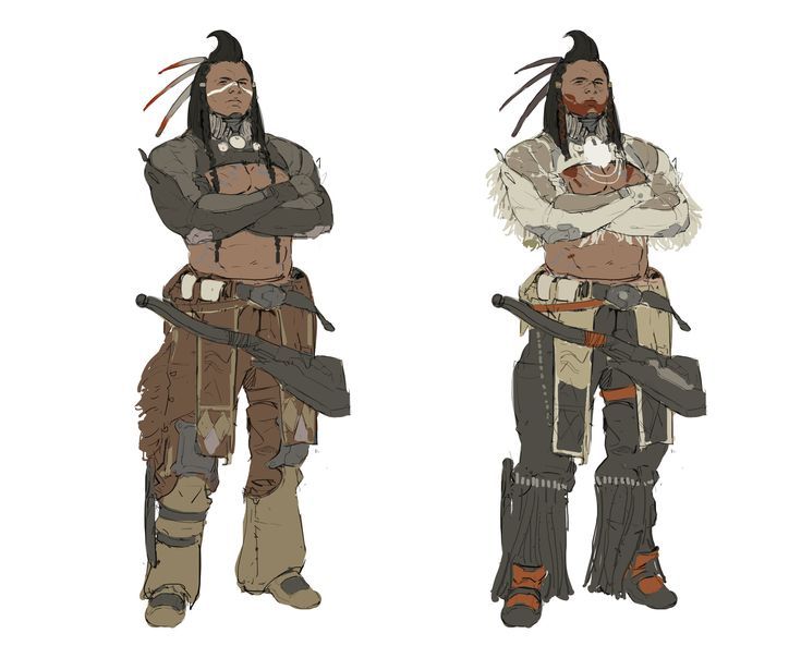 a drawing of two native american warriors, one in color, one in black and white, standing with their arms crossed. they are both wearing traditional outfits and headdresses. the warrior on the left has a bow and arrow strapped to his back and the warrior on the right has a bow and arrow strapped to his hip. both warriors have painted faces and a fierce expression. the drawing is done in a stylized and detailed manner, with the focus on the warriors’ clothing and weaponry. the warriors stand against a plain white background.