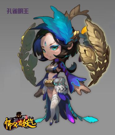 the image features a digitally illustrated female character, seemingly inspired by chinese mythology and designed for a video game. she stands in a confident pose, wearing an elaborate outfit of blue, purple, and gold. her attire includes a revealing top, a flowing skirt with featherlike accents, thighhigh stockings, and an ornate headdress adorned with blue feathers and golden ornaments. she has short, dark hair, piercing blue eyes, and fair skin. the background is a dark gray, allowing the character's vibrant colors to pop. the overall aesthetic suggests a blend of fantasy and action.