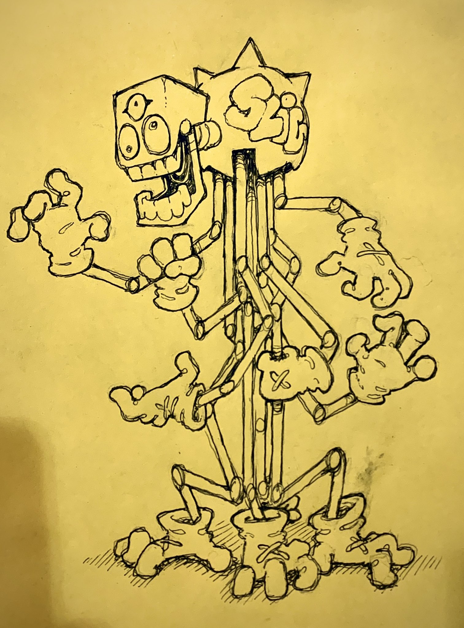 a black and white pen drawing of a cartoon monster on yellow paper. the monster has a boxy head with three eyes, a wide, toothy grin, and a spiky mohawk. its body is made up of a single vertical line with multiple arms and legs branching out at odd angles. the monster is posed with its arms outstretched and its hands open, as if it is about to grab something.