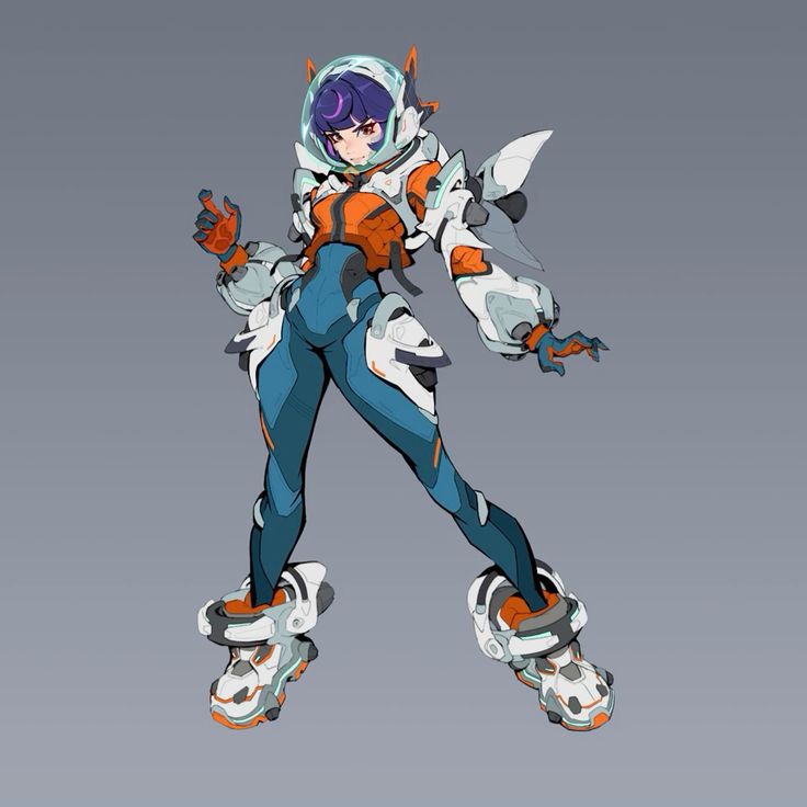 the image showcases a dynamic digital illustration of a female anime character. she is clad in a futuristic, partially mechanized spacesuit featuring a color scheme of white, orange, and teal. the suit has distinct robotic elements, especially noticeable in the boots and arm pieces.  her helmet is partially open, revealing short purple hair and serious expression. the character's pose suggests action and readiness, possibly hinting at a science fiction or fantasy setting. the art style is sharp and clean, characterized by bold lines and defined shading. the background is a simple, neutral gray, placing all emphasis on the character.