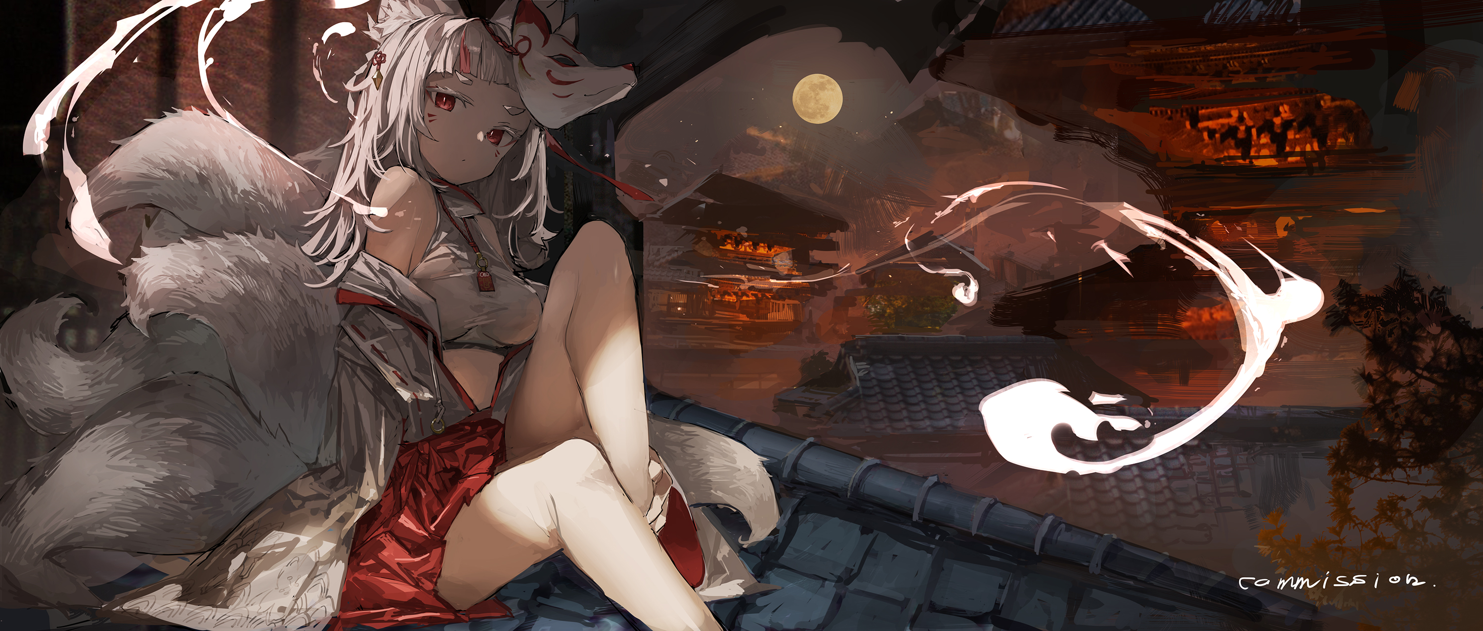 an animestyle image of a fox spirit girl with white hair, red eyes, and multiple tails, sitting on a rooftop at night. she wears a kimono and has a kitsune mask beside her. in the background, there's a full moon and a view of japanese architecture. a "commission" watermark is present at the bottom.