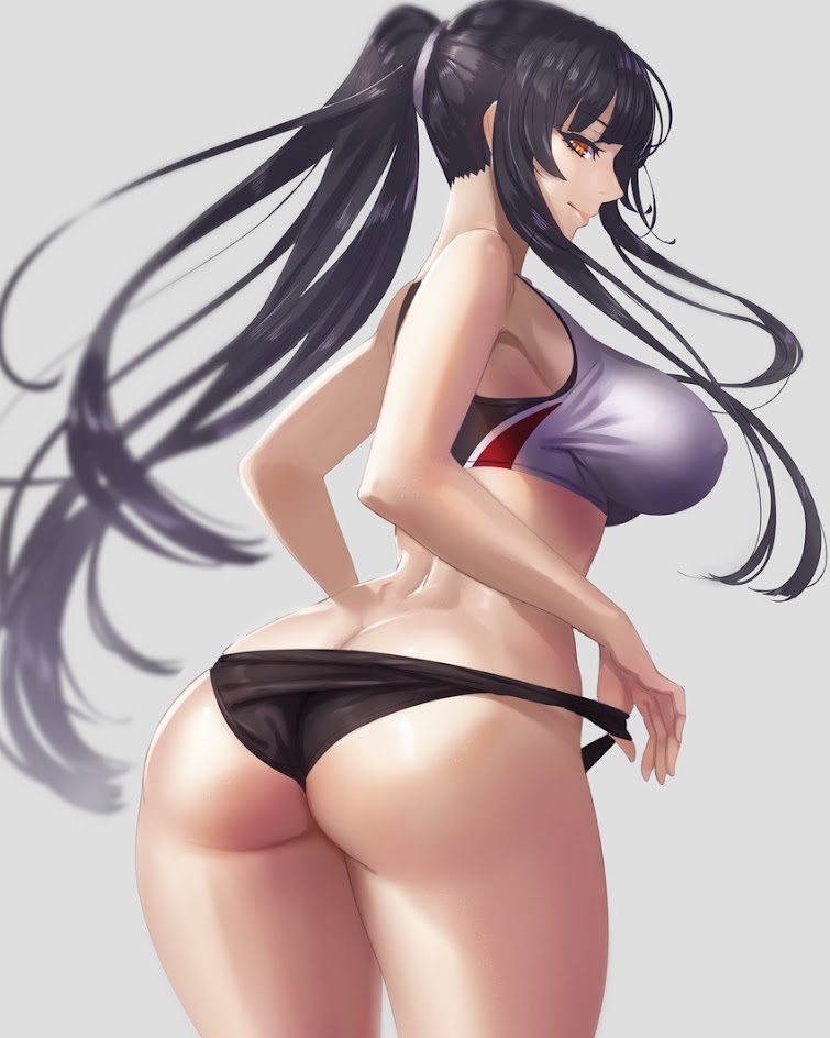 this is a digital illustration of an anime girl with long black hair tied up in a