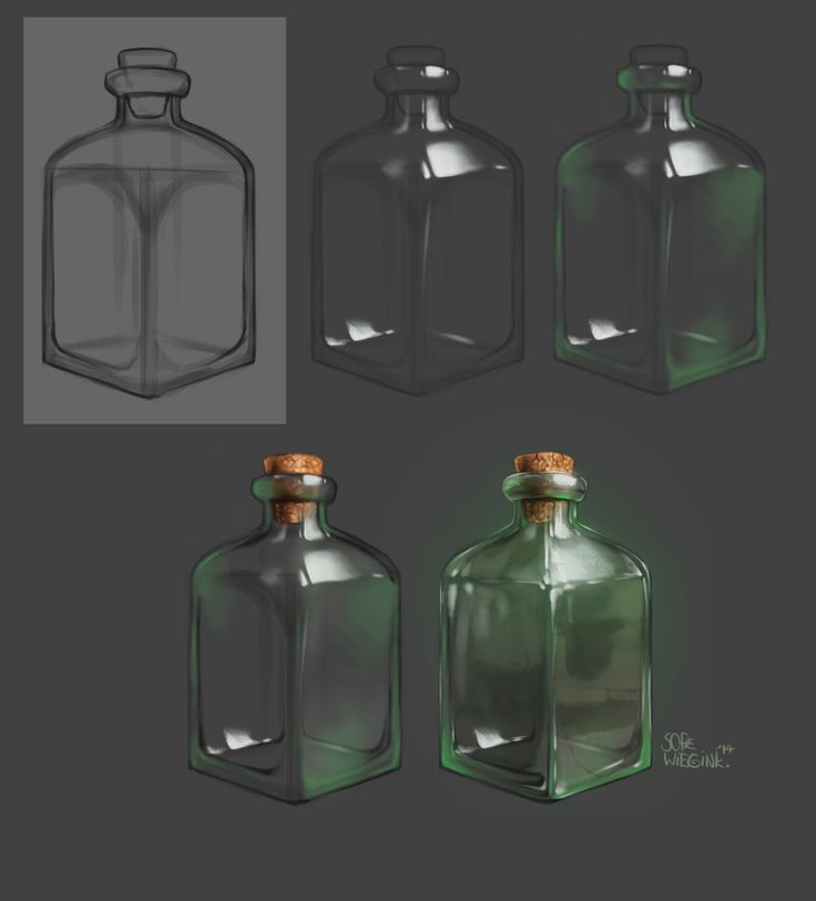 the image is a digital drawing tutorial showing the stepbystep process of drawing a glass bottle. it starts with a rough sketch of the bottle's shape and then moves on to refining the lines and adding details like the cork. the tutorial then demonstrates how to shade the bottle to create a sense of volume and how to add lighting effects to make the bottle look more realistic. the final step shows the bottle filled with a glowing green liquid, hinting at its potential use as a potion or magical item in a fantasy setting.